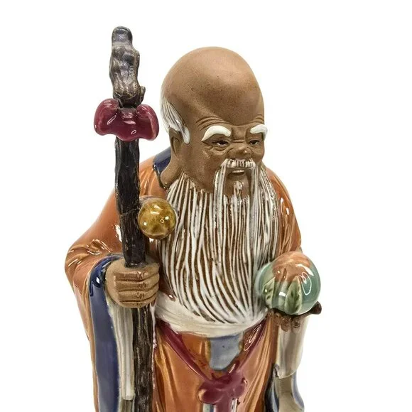 Vintage Chinese Shou Lao Figurine Holding Staff & Peach Long Life JE250